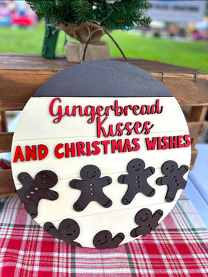 3D Gingerbread Kisses Round Wooden Door Hanger