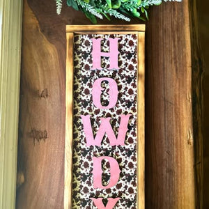 Rustic Western "Howdy" Framed Sign with Cowhide Print Background