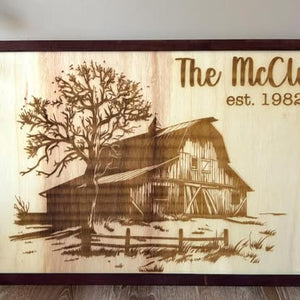 Custom Large Engraved Family Heritage Sign - Rustic Barn & Tree Landscape