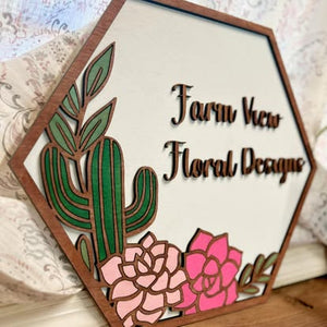 Custom 3D Hexagon Business Logo Sign with Layered Floral & Cactus Accents