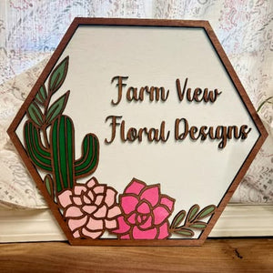 Custom 3D Hexagon Business Logo Sign with Layered Floral & Cactus Accents