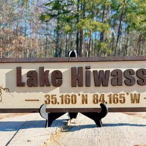 Lake Hiwassee Custom Wood Map Sign - 3D Laser Engraved Decor with Coordinates